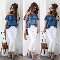 US Women's Sexy Summer Off Shoulder Tops Casual Party Shirt Cotton Denim Blouse: Off Shoulder  