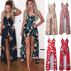 Women's Boho Floral Romper Maxi Dress Sleeveless Slip Jumpsuit Shorts Sundress: Women Sleeveless Dress  