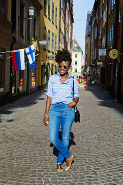 blue cotton top with same color denim jeans gives a glamorous look to the girl.: Denim Outfits,  Slim-Fit Pants,  black girl outfit  