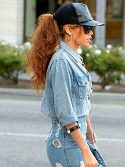 All denim outfit: Baseball cap,  Snapback Hair,  Denim T-Shirt,  Denim Shirt  