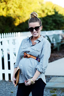 Denim Long Sleeves, Brown Leather Belt and Skinny Black Leggings: Denim T-Shirt  