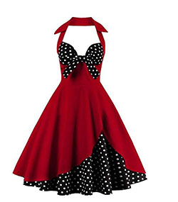 FTVOGUE Women’s Retro Dress Rockabilly Halter Bowknot Sleeveless Hepburn Pleated Floral Swing Cocktail Dress: Cocktail Dresses,  Women Sleeveless Dress  