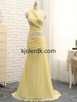 Gul En-Skulder Perler Lange Chiffon Aftenkjoler: Chiffon dresses  