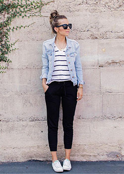 Black striped shirt. 12 Ways To Wear A Denim Jacket: black pants,  Jean jacket,  Slim-Fit Pants,  Jeans Outfit,  Denim jacket,  Denim Jacket with Crop Top,  Black Denim  