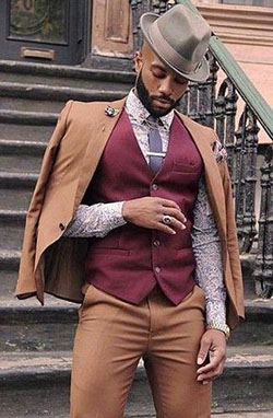 Men's Grey Hat, Light Violet Print Dress Shirt, Burgundy Waistcoat, Tan SuitDress shirt, Tan Suit,: shirts  