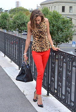 animal print top. Red and leopard: Slim-Fit Pants,  Animal print,  Red Pants,  red trousers  