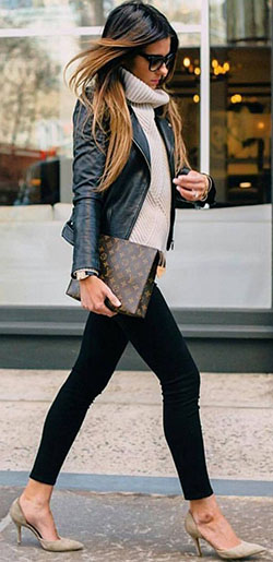 Black leather jacket outfit ideas women: Leather jacket,  Black Leggings  