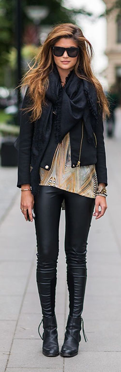 Black moto jacket winter outfit: winter outfits,  Leather jacket,  Black Leggings,  Boxy Jacket  