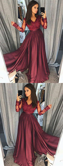 modest maroon long sleeves prom dresses, elegant v neck evening gowns with sleev...: burgundy gown,  Red Gown,  Maroon Outfit  