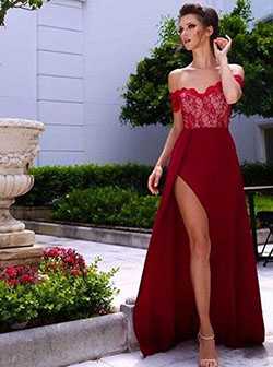 Decent Strapless Short Sleeves Sweep Train Wine Prom Dress with Lace Top Legslit: 