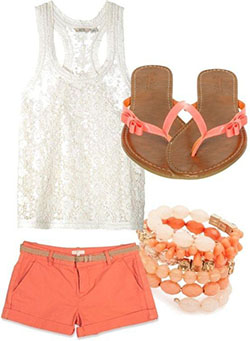 Polyvore Lace-detailed white tank top with coral shorts: Fashion outfits,  FASHION,  Polyvore Outfits Summer  