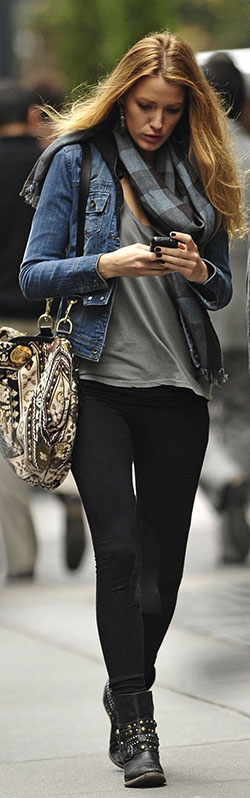 Blake lively street style: Skinny Jeans,  Jean jacket,  Blake Lively  