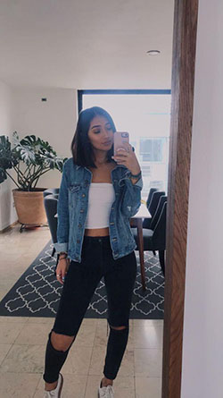 Black Ripped Jeans, Urban Outfit Tube top, Jean jacket: Jean jacket,  Denim jacket,  Platform shoe,  Street Outfit Ideas,  Black Ripped Jeans Outfits  