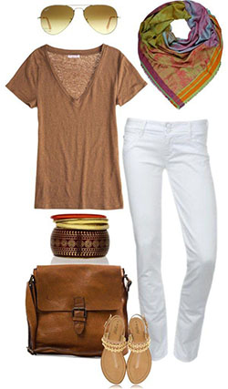 Tan V-neck T-shirt and white denim pants: Clothing Ideas,  Polyvore Outfits Summer,  T-Shirt Outfit  