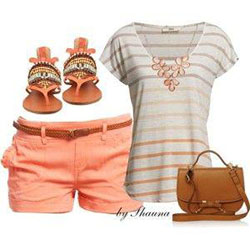 Peach coral shorts paired with a light striped T-shirt and sandals, accompanied by a tan shoulder bag: Polyvore Outfits Summer,  summer outfits,  Polyvore Dresses  