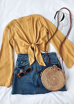 Denim skirt yellow top outfit: Tumblr Outfits  