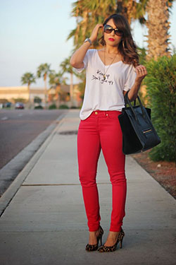 Red skinny jeans outfit: Slim-Fit Pants,  Pink Jeans  