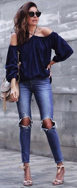 Dark blue off shoulder top outfit: Navy blue  