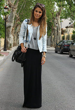 Fall maxi skirt outfits: Long Skirt,  Maxi dress,  Denim jacket  