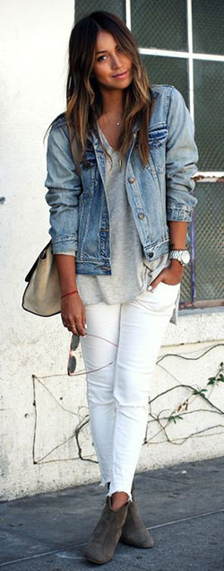 Jean jacket with white pants: Jean jacket,  Slim-Fit Pants,  Denim jacket  