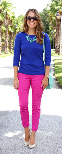 Pink Jeans Outfit Tumblr: Crew neck,  Royal blue,  Cobalt blue,  Capri pants,  Pink Jeans,  Pink Trousers  