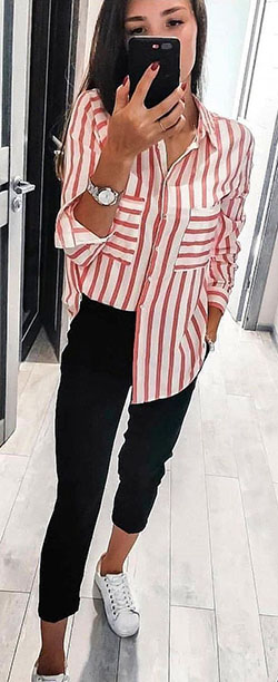 Casual Red And White Striped Outfit: shirts  