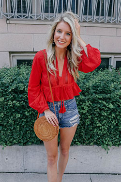 Voguish ideas for denim short outfits 2018, Levi Strauss & Co.: Denim skirt,  Bermuda shorts,  Red top  