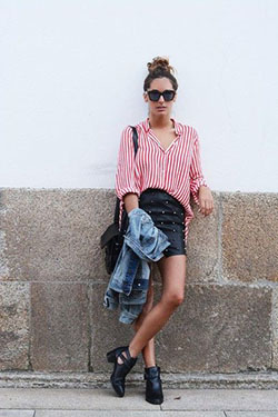 Striped Shirt With Black Skirt And Denim Jacket: Denim skirt,  shirts,  Leather skirt  