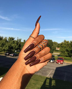 Chocolate brown coffin nails, Nail art: Nail Polish,  Nail art,  Acrylic Nails,  Pretty Nails  