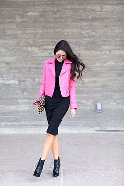 Hot pink leather jacket outfit: Pink Outfits Ideas,  Suit jacket,  Boxy Jacket  