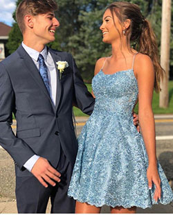 Junior Prom Sky Blue Prom Couple Outfits: Cocktail Dresses,  Wedding dress,  Evening gown,  Bridesmaid dress,  Homecoming Outfits,  Prom Suit  