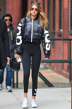 Instagram most desired style adidas leggings, Gigi Hadid: Gigi Hadid,  Flight jacket,  Black Leggings  