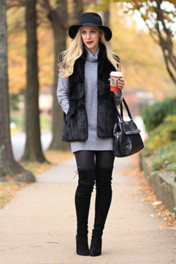 Black faux fur vest outfit: winter outfits,  Fur clothing,  Polo neck,  Over-The-Knee Boot,  Fake fur,  Black Leggings  