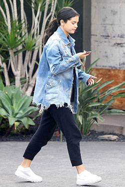 Denim jacket and jogger pants: Wedding dress,  Jean jacket,  Los Angeles,  Selena Gomez,  Jogger Outfits  