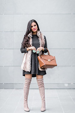 Vestido con botas y chaleco: High-Heeled Shoe,  Boot Outfits,  Over-The-Knee Boot,  Birthday outfits  