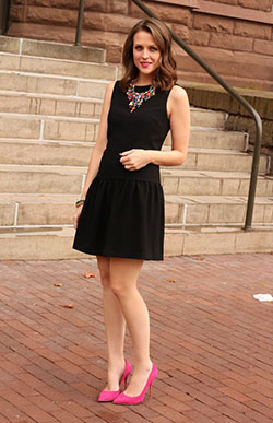 Black dress pink shoes, High-heeled shoe: party outfits,  High-Heeled Shoe,  Sheath dress,  Club Monaco,  Black Dress Outfits  