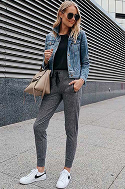 Sweatpants and jean jacket: Crop top,  Jean jacket,  Slim-Fit Pants,  Jogger Outfits  