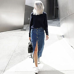 Looks com saia jeans, Denim skirt: Denim skirt,  Jean jacket,  shirts,  Skirt Outfits,  Jeans Outfit  