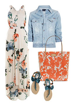 Denim jacket with white floral maxi dress: Spaghetti strap,  Sleeveless shirt,  Petite size,  Maxi dress,  Fashion week,  Maxi Dress Shoes  