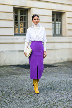 Sensational ideas on purple street style 2017, Fashion week: Fashion week,  Street Style,  Midi Skirt Outfit  