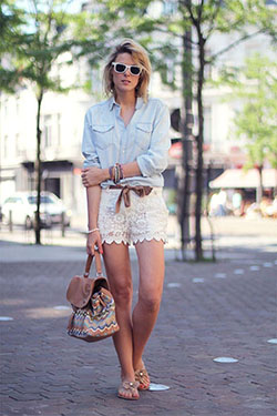 Short branco com camisa jeans: Shorts Outfit  