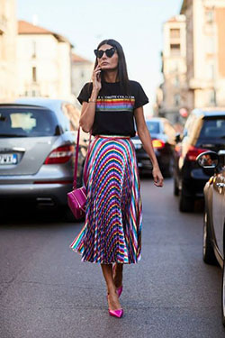 Best of outfits faldas plisadas, Twinset Long Skirt: Crop top,  Skirt Outfits,  Street Style,  FLARE SKIRT,  Twirl Skirt,  High-Low Skirt,  Stripe Skirt,  Swing skirt  