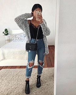 Outfit ideas @ carolina diaz outfits, Casual wear: Ripped Jeans,  winter outfits,  tank top  