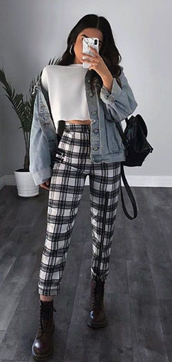 Plaid pants outfit ideas, Jean jacket: Jean jacket,  Slim-Fit Pants,  Grunge fashion,  Casual Outfits,  Plaid Pants,  Checked Trousers  