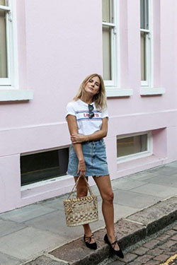 Summer denim skirt outfit: Denim skirt,  shirts,  Casual Outfits,  Hot Fashion  