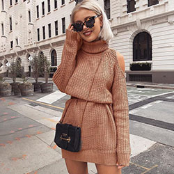 Knitted sweater dress street style: winter outfits,  Polo neck,  Clothing Ideas,  Street Style,  Casual Outfits,  Brown Outfit,  Turtleneck Sweater Outfits  