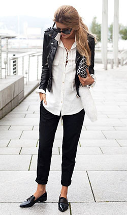 Black biker jacket outfit, Leather jacket: Leather jacket,  Business Outfits,  Casual Outfits  