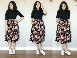 Saia midi estampada com tenis: Saia Longa,  Fashion week,  Saia Midi,  Church Outfit  