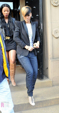 Blue Jeans Top Combination: blue jeans outfit,  Leather jacket,  Short hair  