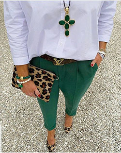 Outfits With Green Pants, London Fashion Week, Street fashion: Lapel pin,  Animal print,  Fashion week,  Street Style,  Casual Outfits,  Green Pant Outfits  